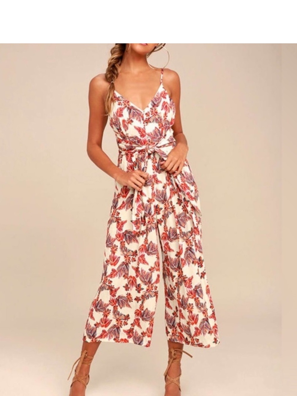 Free People Cream Floral Tie-Waist Wide-Leg Jumpsuit with Rust & Blue Print